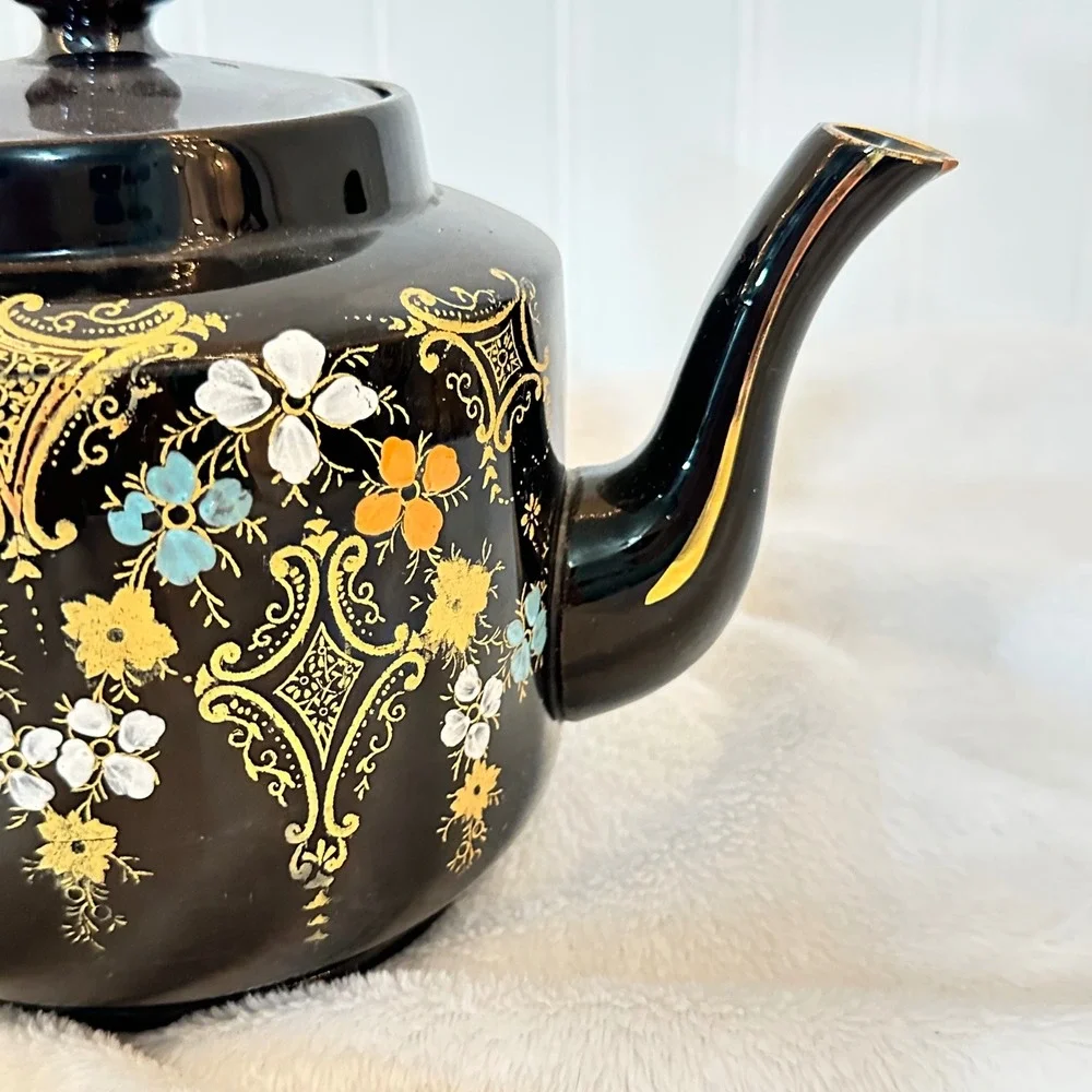 Vintage Hague Teapot Dark Hand Painted Floral Made in England Cottagecore Glazed